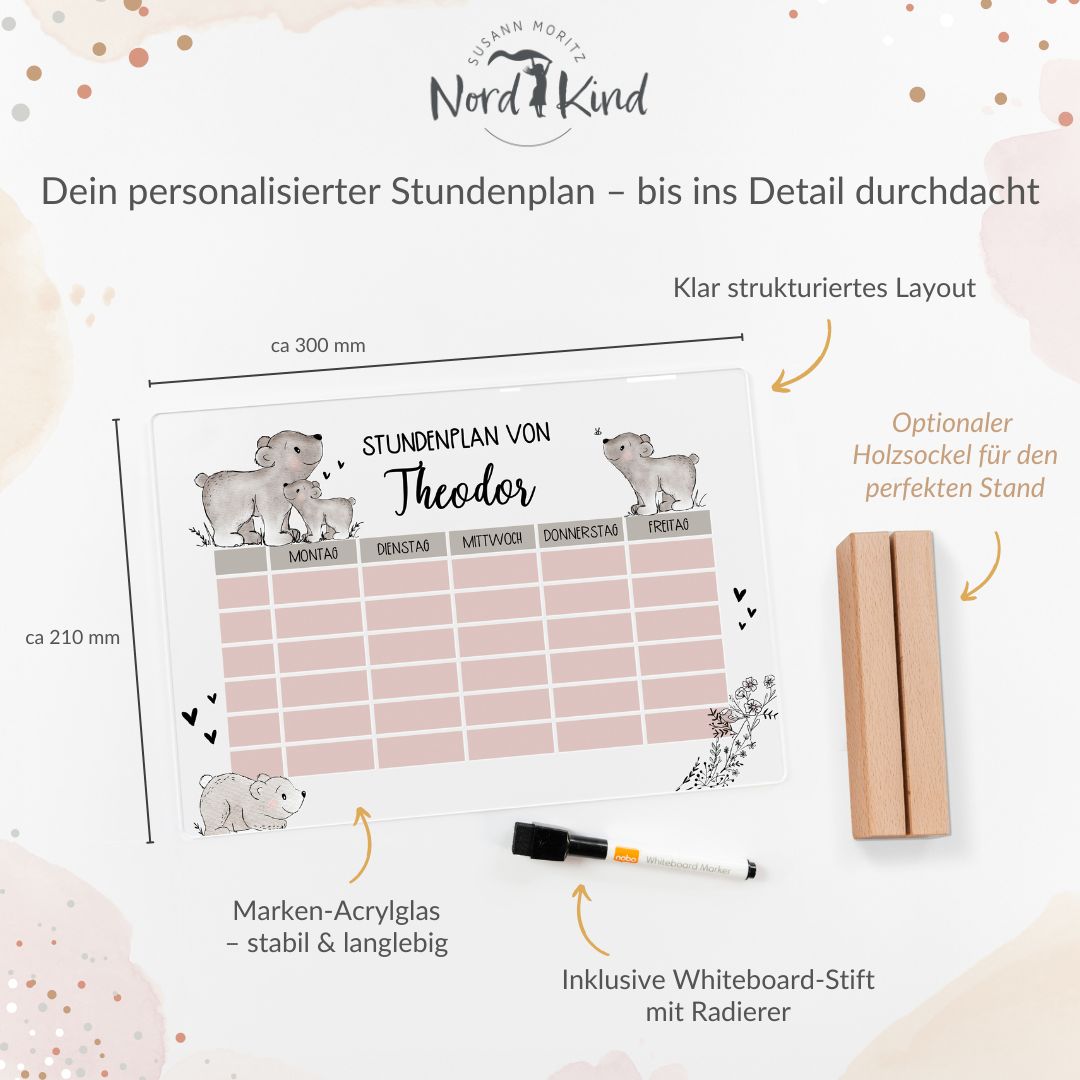 Stundenplan aus Acryl – personalisiert mit Namen (Bär 1)
