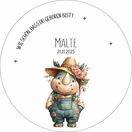 personalisierter Kerzenteller mit Kerze, Vase und Zahlen (Nashorn 1)