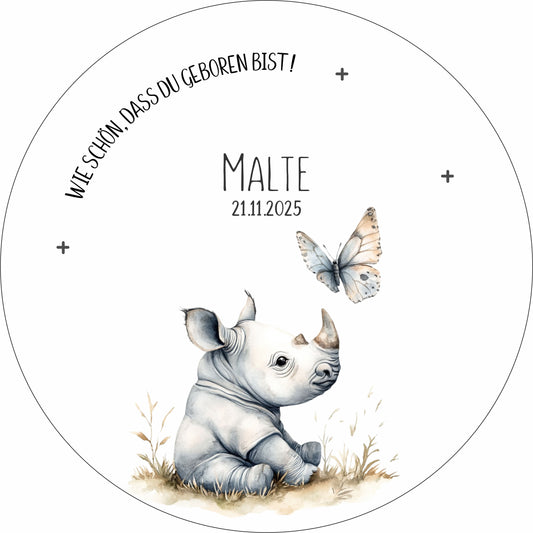 personalisierter Kerzenteller mit Kerze, Vase und Zahlen (Nashorn 2)