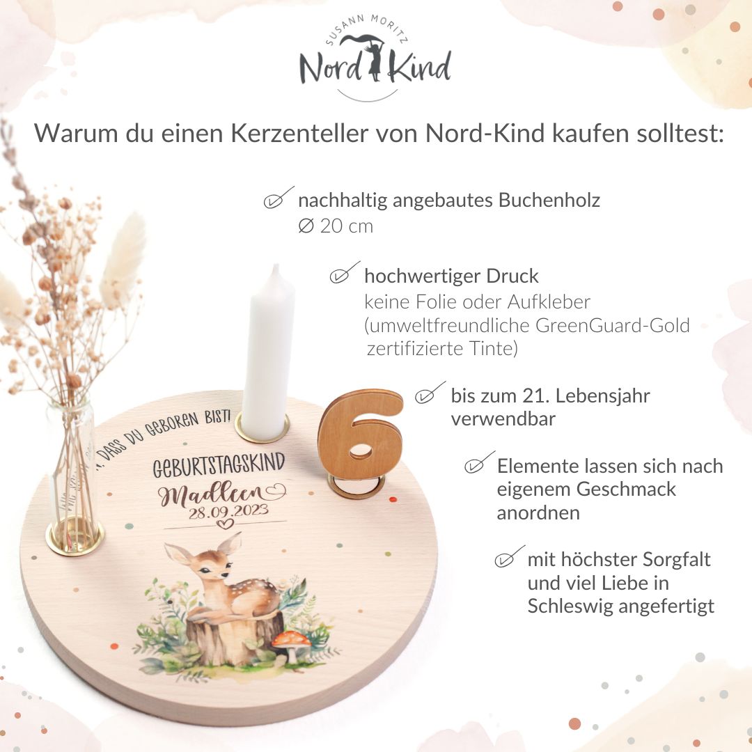 personalisierter Kerzenteller mit Kerze, Vase und Zahlen (Reh 1)