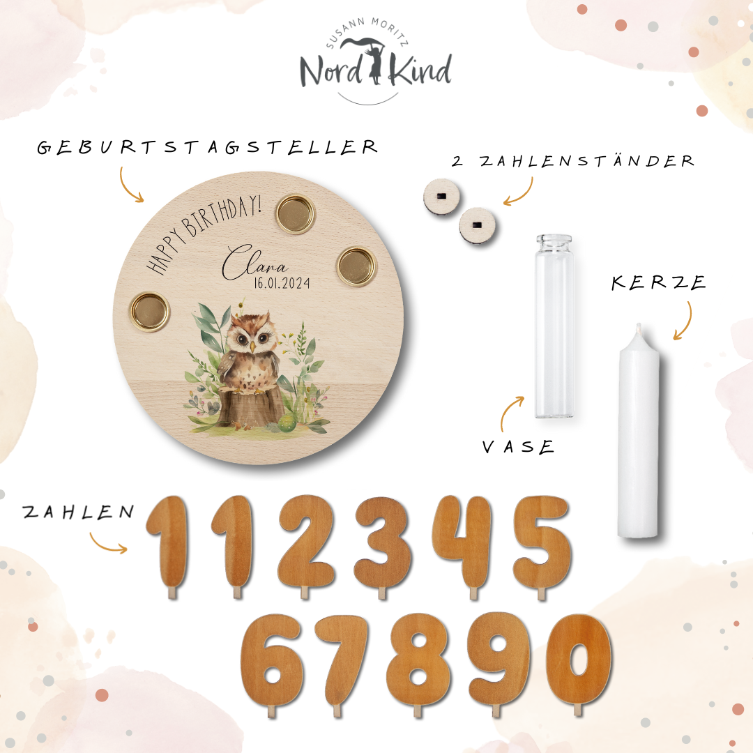 personalisierter Kerzenteller mit Kerze, Vase und Zahlen (Eule 2)