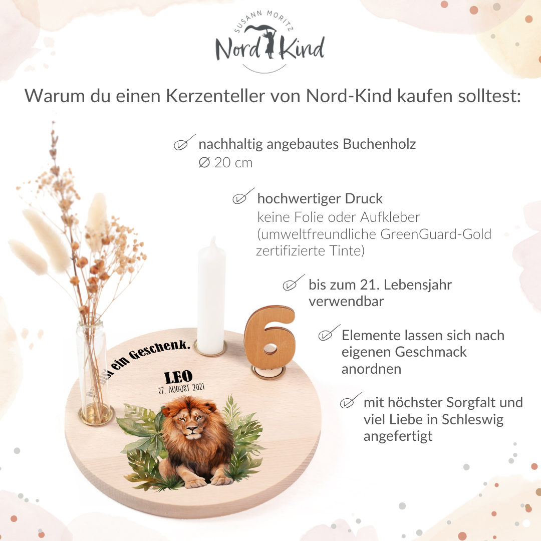 personalisierter Kerzenteller mit Kerze, Vase und Zahlen (Löwe 9)