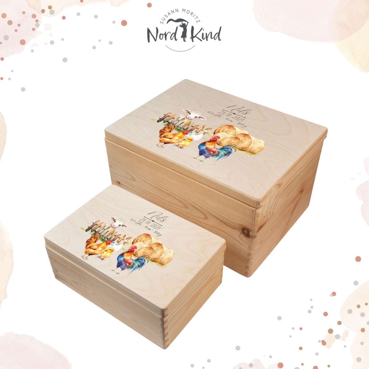 Personalisierte Erinnerungsbox aus Holz, Motiv Bauernhof 1