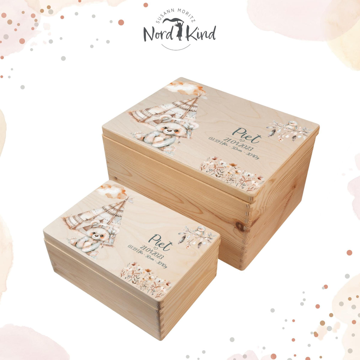 Personalisierte Erinnerungsbox Baby aus Holz, Motiv Boho 1