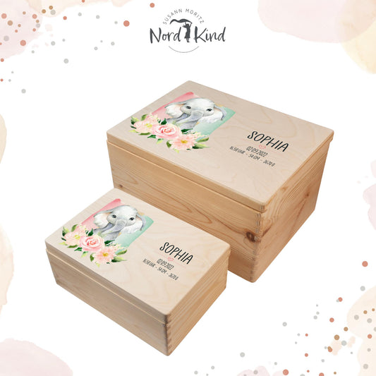 Personalisierte Erinnerungsbox Baby aus Holz, Motiv Elefant 2