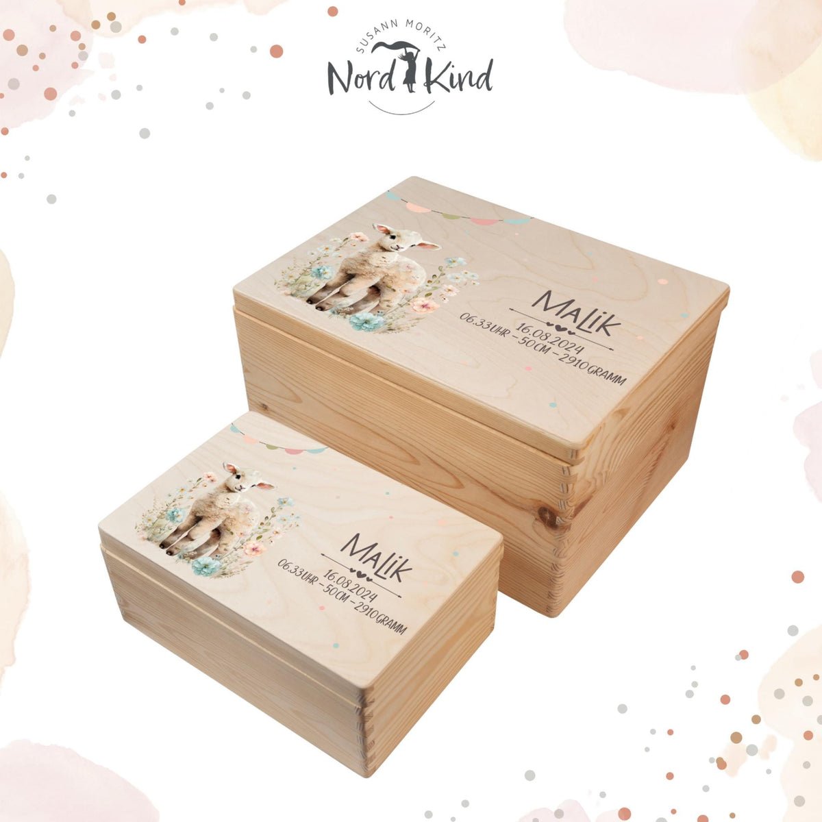 Personalisierte Erinnerungsbox Baby aus Holz, Motiv Lamm 1