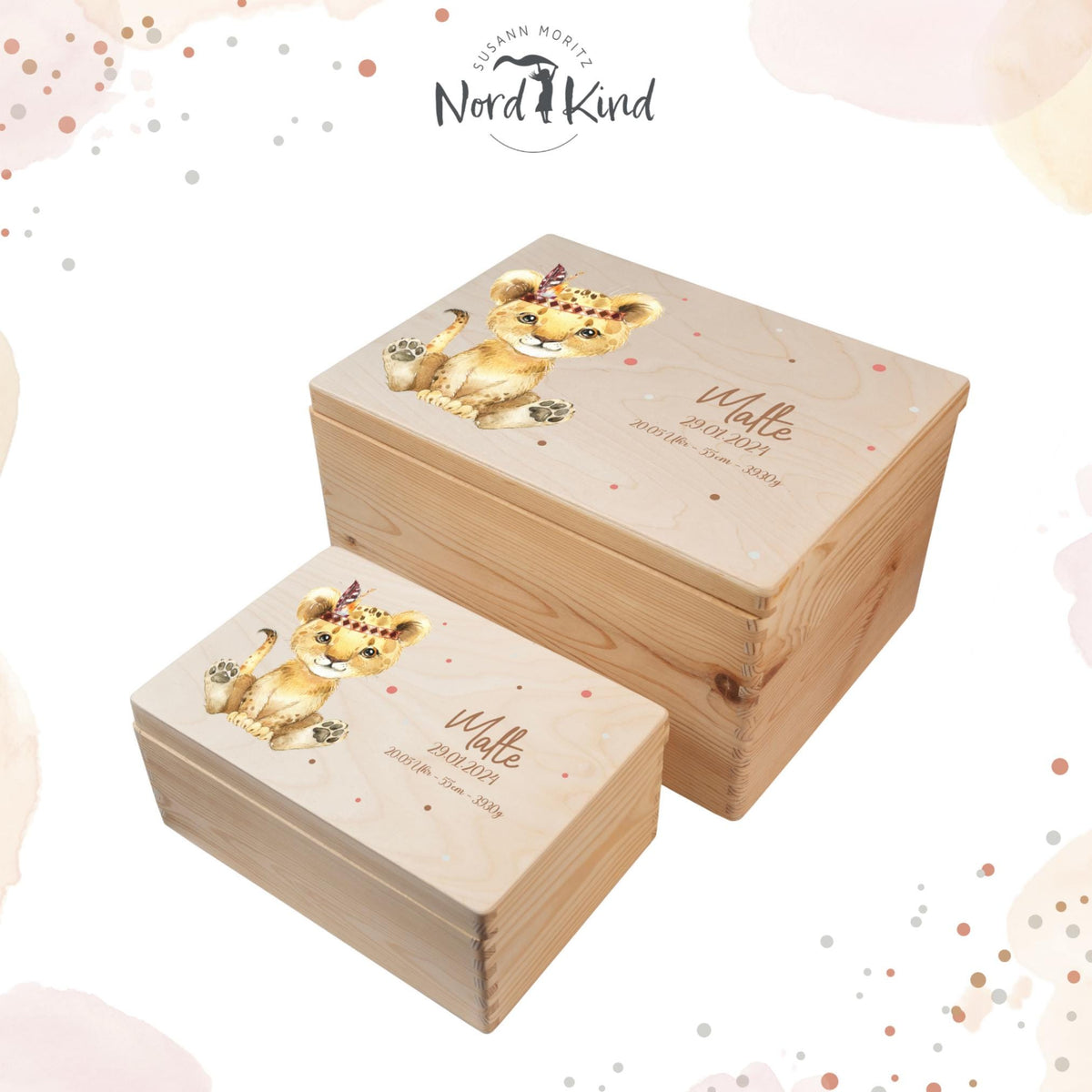 Personalisierte Erinnerungsbox Baby aus Holz, Motiv Löwe 1