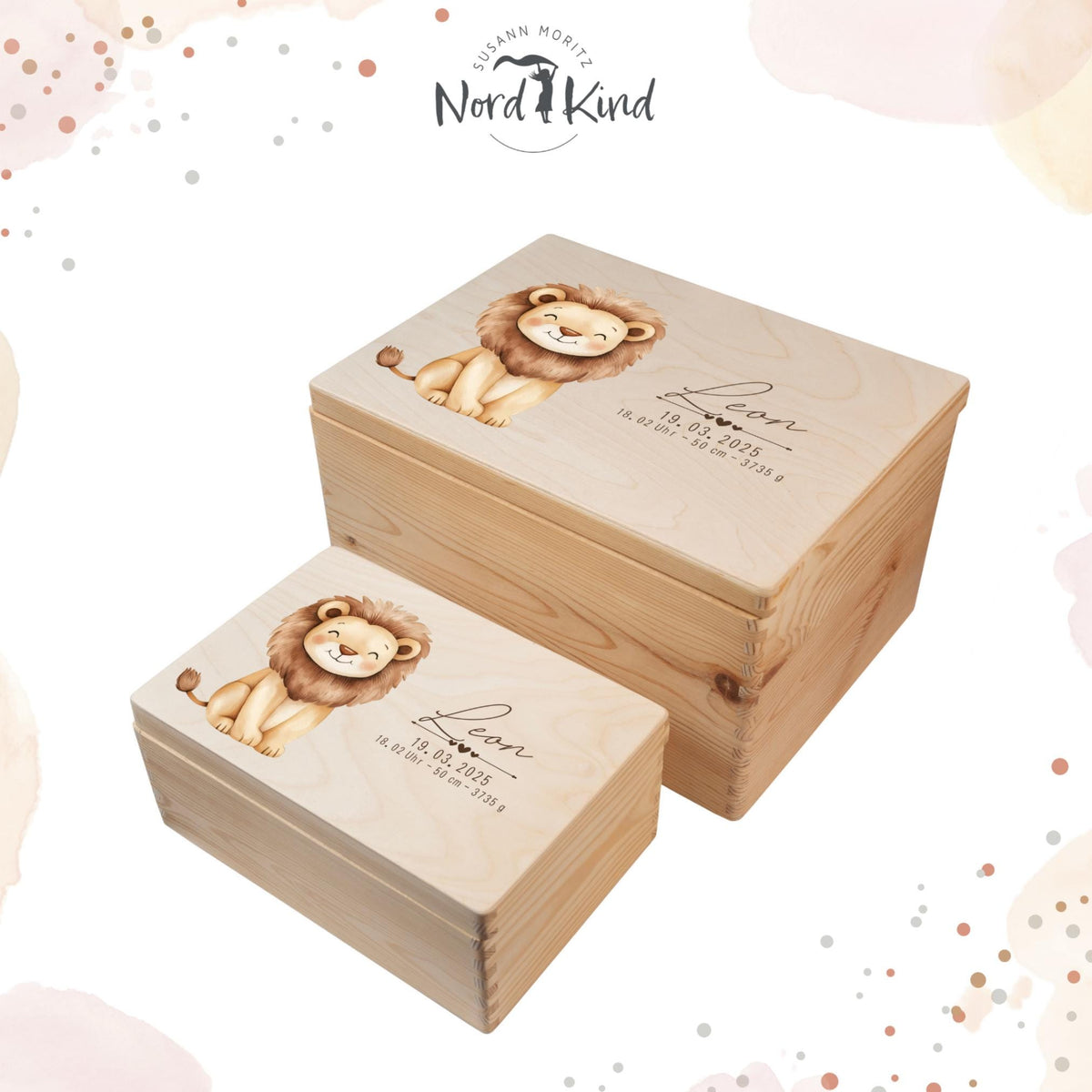Personalisierte Erinnerungsbox Baby aus Holz, Motiv Löwe 4