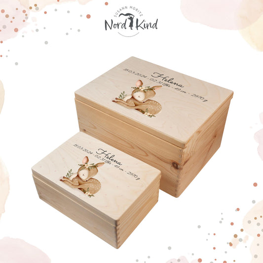 Personalisierte Erinnerungsbox Baby aus Holz, Motiv Reh 2