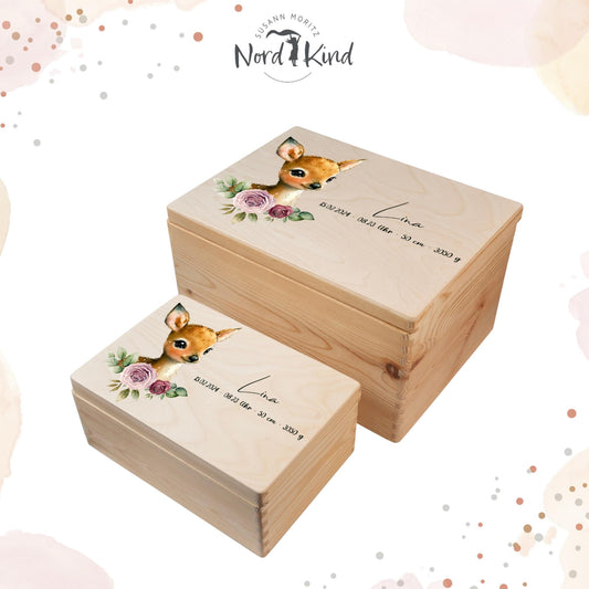 Personalisierte Erinnerungsbox Baby aus Holz, Motiv Reh 3