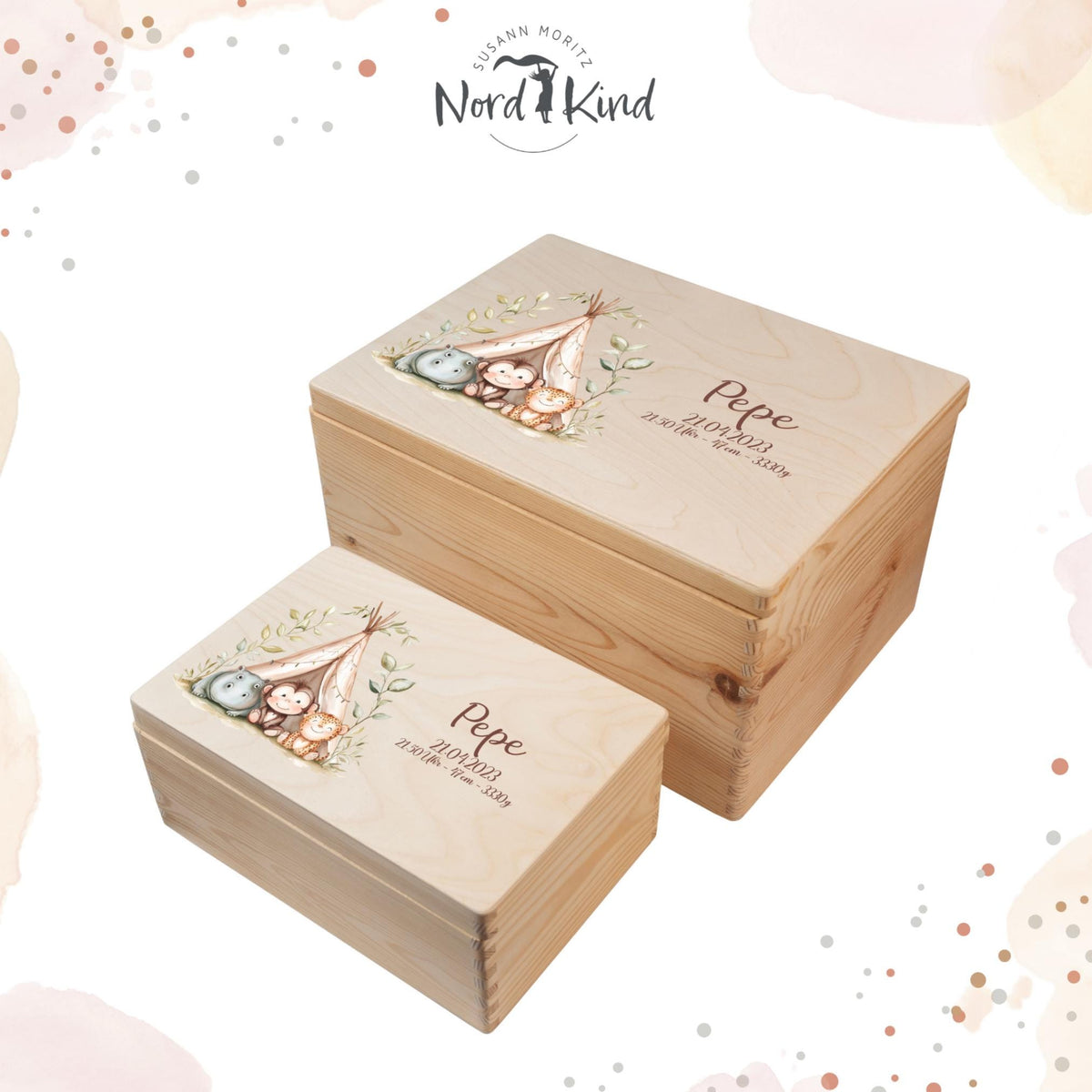 Personalisierte Erinnerungsbox Baby aus Holz, Motiv Safari 1