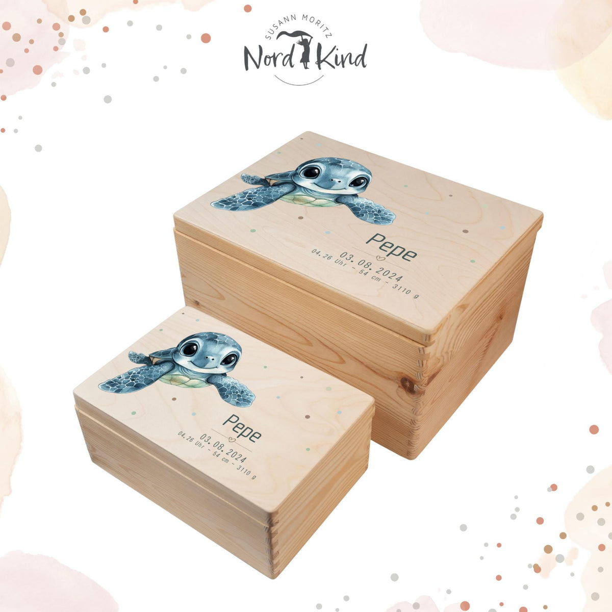 Personalisierte Erinnerungsbox Baby aus Holz, Motiv Schildkröte 2