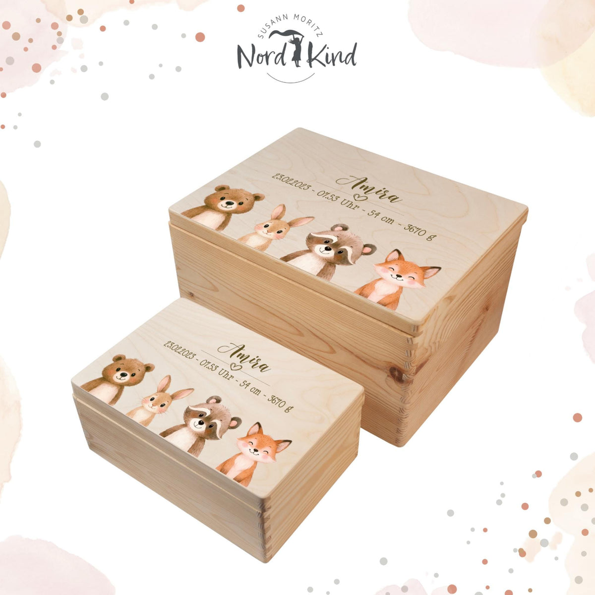 Personalisierte Erinnerungsbox Baby aus Holz, Motiv Tiere 1