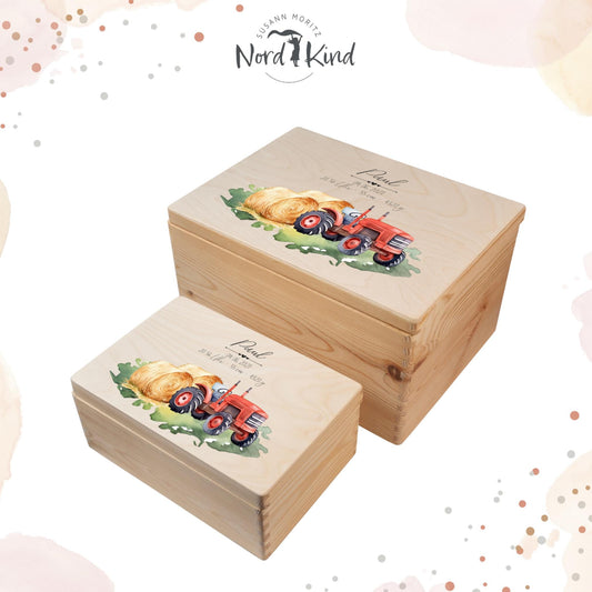 Personalisierte Erinnerungsbox Baby aus Holz, Motiv Traktor 1