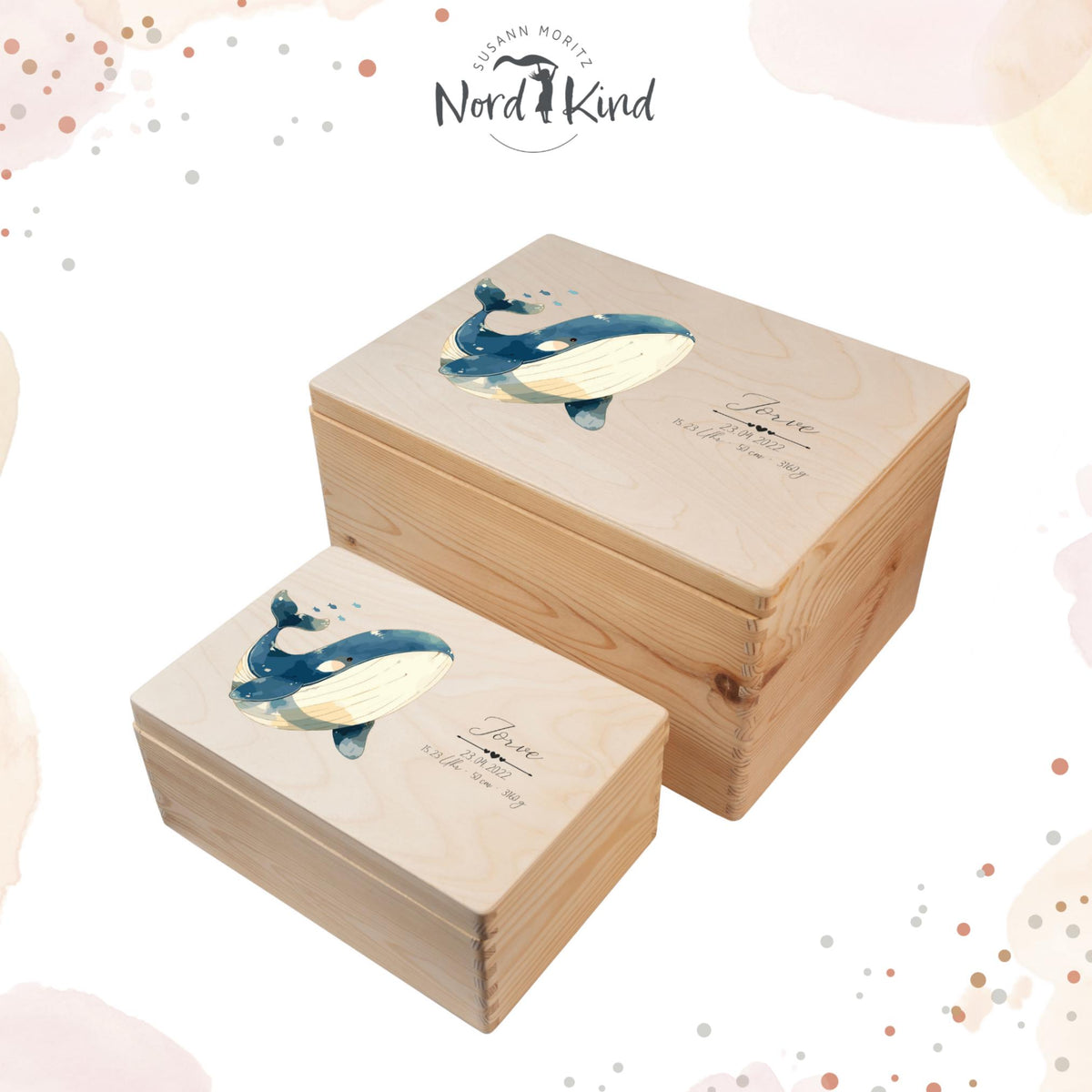 Personalisierte Erinnerungsbox Baby aus Holz, Motiv Wal 1
