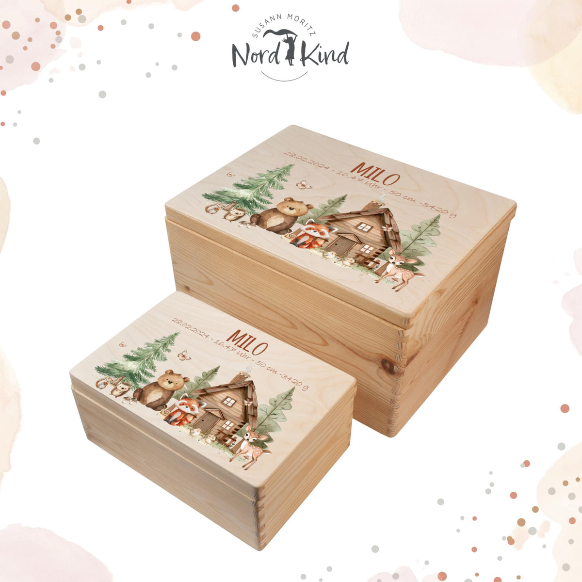 Personalisierte Erinnerungsbox Baby aus Holz, Motiv Waldtiere 2