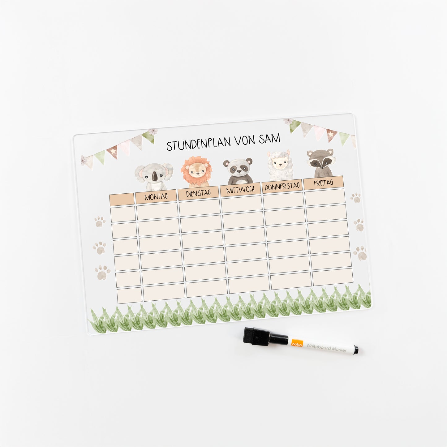 Stundenplan aus Acryl – personalisiert mit Namen (Tiere 2)