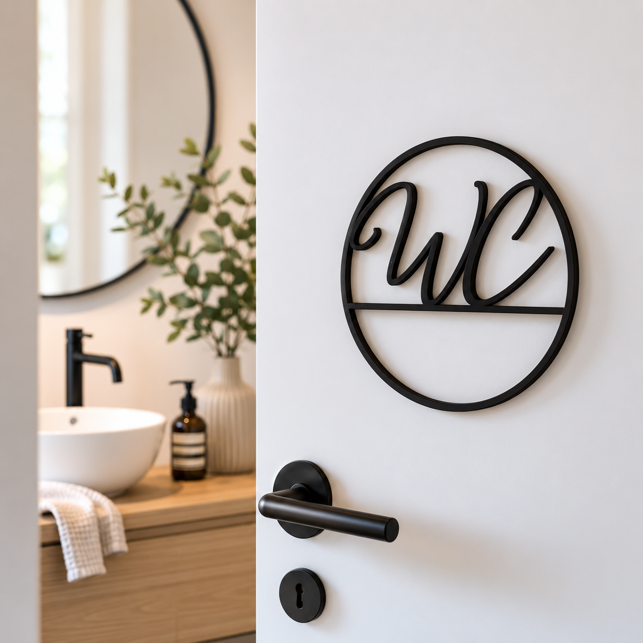 WC Schild aus Holz in Schwarz an Badezimmertür